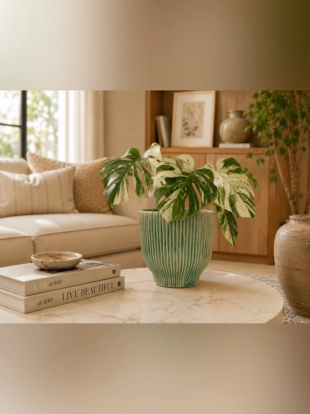 Boho Green Ribbed Ceramic Planter with Drainage Hole | Fluted Plant Pot
